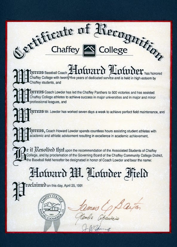 Certificate of Recognition naming of Lowder Field